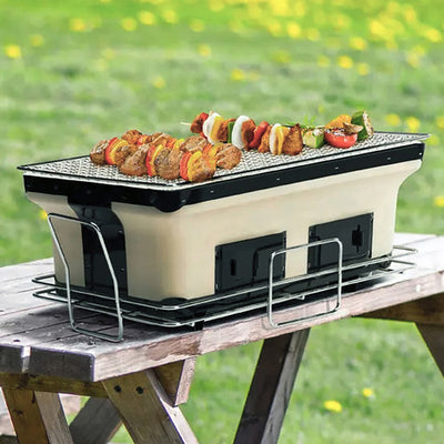 Portable Hibachi Tabletop Grill Dual Charcoal BBQ Chambers