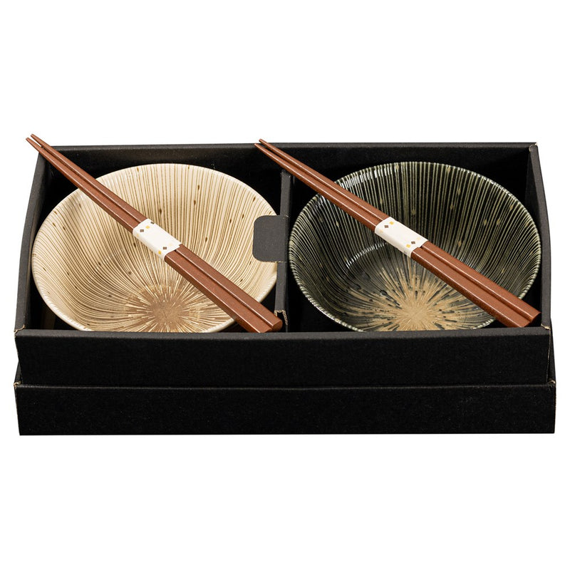 Omotenashi KYO SENDAN Earthen&BK Set 2 Bowls, 2 Chopsticks "Made in Japan"