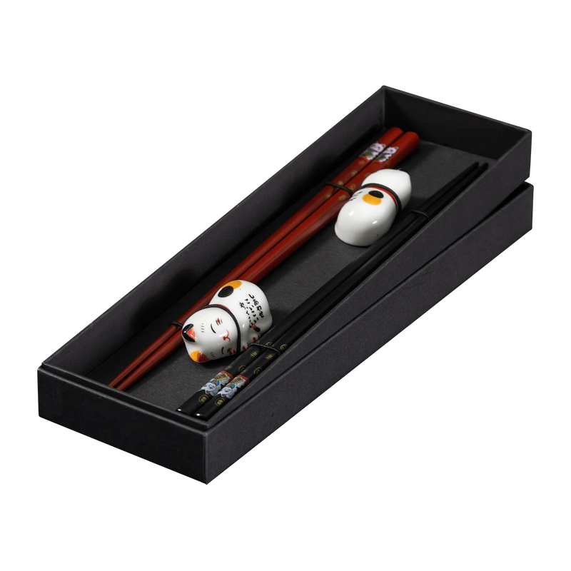 Omotenashi LUCKY CAT|Set|2 Chopsticks & 2 Chopstick Rests " Made in JAPAN"