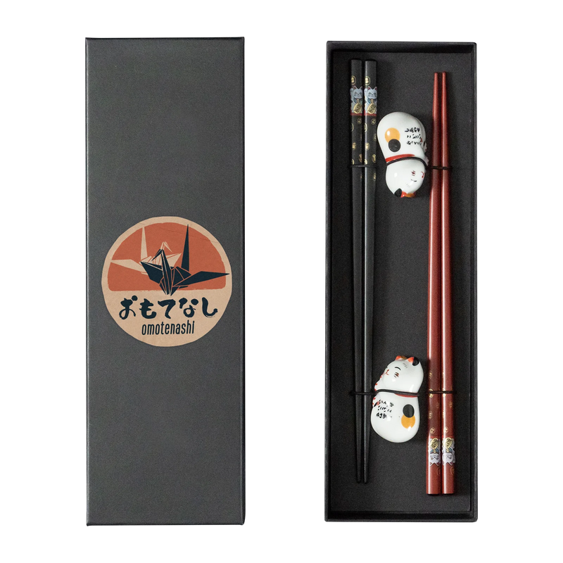Omotenashi LUCKY CAT|Set|2 Chopsticks & 2 Chopstick Rests " Made in JAPAN"