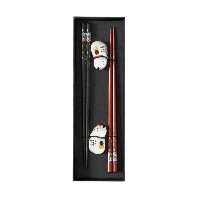 Omotenashi LUCKY CAT|Set|2 Chopsticks & 2 Chopstick Rests " Made in JAPAN"