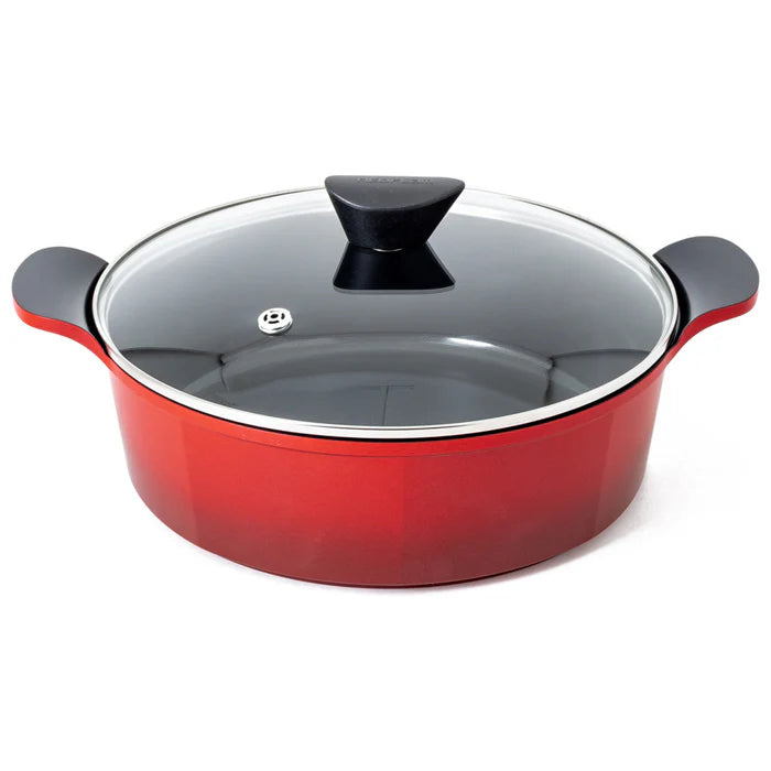 Neoflam Venn 28cm Low Casserole Induction 4.8L Red With Glass Lid