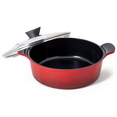 Neoflam Venn 28cm Low Casserole Induction 4.8L Red With Glass Lid