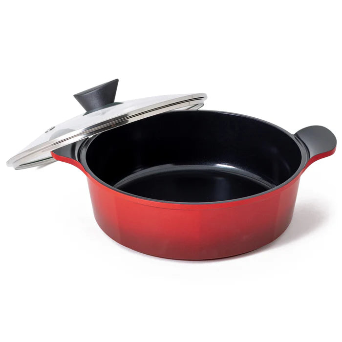 Neoflam Venn 28cm Low Casserole Induction 4.8L Red With Glass Lid